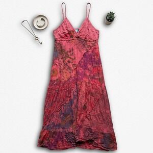 SOL Pink Floral Patchwork Cotton Maxi Dress Boho Tiered Sun Dress Womens Large